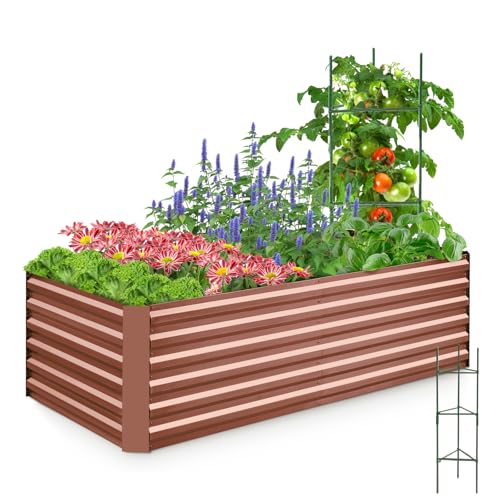 Quictent Galvanized Raised Garden Bed Metal Planter Box Bottomless for Backyard Outdoor, Include 1 pc Tomato Cage, Terracotta, 6x3x2 Ft