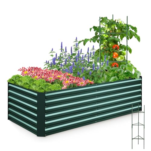 Quictent Galvanized Raised Garden Bed Metal Planter Box Bottomless for Backyard Outdoor, Include 1 pc Tomato Cage, Dark Green, 6x3x2 Ft