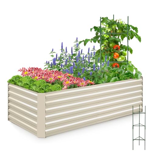 Quictent Galvanized Raised Garden Bed Metal Planter Box Bottomless for Backyard Outdoor, Include 1 pc Tomato Cage, Beige, 6x3x2 Ft