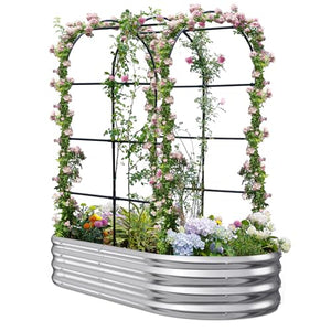 KING BIRD Raised Garden Bed with Arched Trellis Galvanized Planter Garden Box Outdoor for Gardening, Climbing Vegetables, Flowers 5.9x2.95x0.98 Ft, Silver