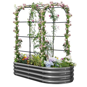 KING BIRD Raised Garden Bed with Arched Trellis Galvanized Planter Garden Box Outdoor for Gardening, Climbing Vegetables, Flowers 5.9x2.95x0.98 Ft, Dark Grey