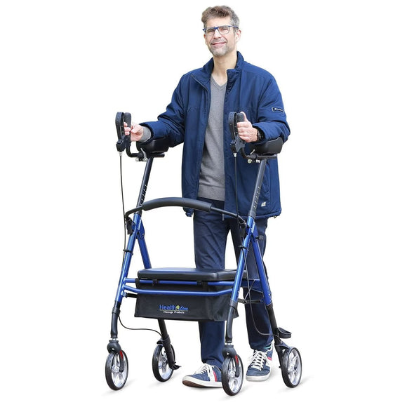 Heavy Duty Rollator Walker with Armrest Supports Up to 500 lbs, Bariatric Stand-Up Rolling Walker with seat for Seniors, Mobility Walking Aids for Adults by Health Line Massage Products, Blue