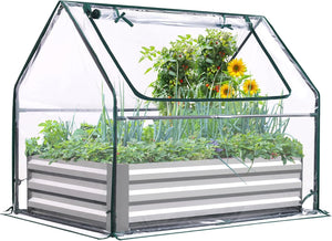 Quictent Raised Garden Bed with Cover Outdoor Galvanized Steel Planter Box Kit with Greenhouse Large Zipper Window Dual Use, 20pcs T-Type Tags & 1 Pair of Gloves Included 4x2.6x1 FT, Clear
