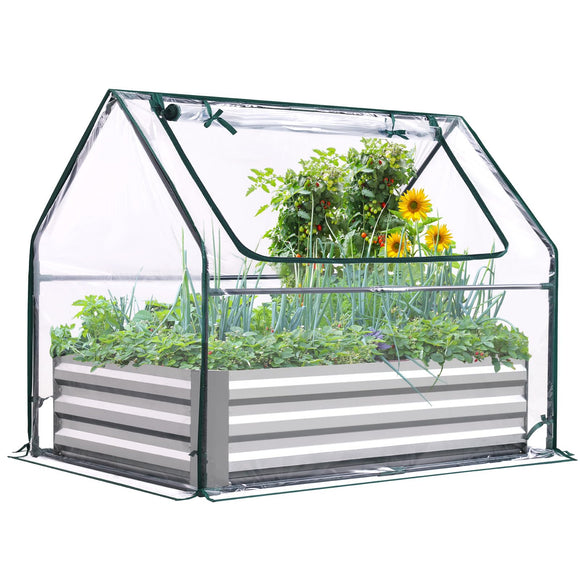 Quictent Raised Garden Bed with Cover Outdoor Galvanized Steel Planter Box Kit with Greenhouse Large Zipper Window Dual Use, 20pcs T-Type Tags & 1 Pair of Gloves Included 4x2.5x1 FT, Clear