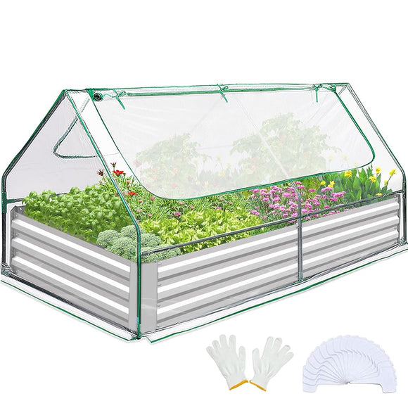 Quictent Raised Garden Bed with Cover Outdoor Galvanized Metal Planter Box Kit, w/ 2 Large Screen Windows Mini Greenhouse 20pcs T Tags 1 Pair of Gloves Included for Growing Vegetables 6x3x1ft (Clear)