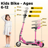 Zupapa Electric Scooter with Seat for Kids Ages 6-12, 6" Pneumatic Tire, Up to 10 mph and 70 min Ride Time, for Riders up to 155 lbs, Removable Seat 2 Riding Styles Pink