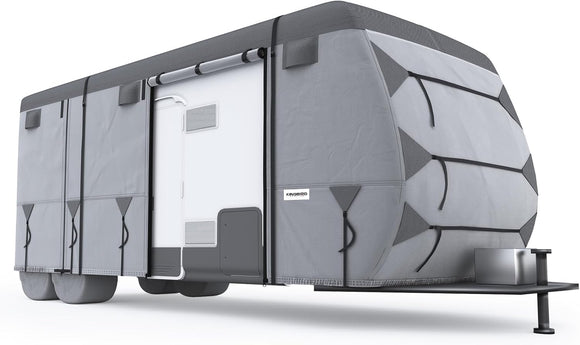 KING BIRD Oxford Fabric Travel Trailer RV Cover, 600D Oxford Camper Cover 22-24 ft Tearproof Waterproof Windproof Travel Trailer Cover with 2Pcs Extra Straps, 6 Gutter Covers & 4 Tire Covers