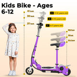 Zupapa Electric Scooter with Seat for Kids Ages 6-12, 6" Pneumatic Tire, Up to 10 mph and 70 min Ride Time, for Riders up to 155 lbs, Removable Seat 2 Riding Styles Purple