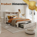 TATAGO 1000LBs Queen Bed Frame with 3-Tier Hidden Storage, Upholstered Headboard Bed Frame with 2 Drawers and Charging Station, No Box Spring Needed