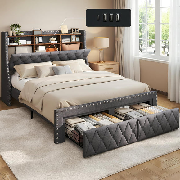 TATAGO 1000LBs Full Bed Frame with 3-Tier Hidden Storage, Upholstered Headboard Bed Frame with 2 Drawers and Charging Station, No Box Spring Needed