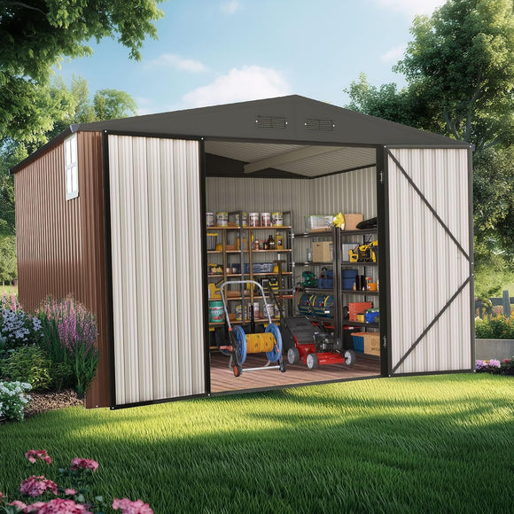 Quictent Heavy Duty 10X10 FT Metal Storage Shed, Lockable Steel Yard Waterproof Tool Shed for Garden, Backyard, Patio, Outside use with Combination Lock(9.5X9.5 FT Base,No Floor)