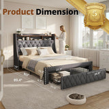 TATAGO 1000LBs Queen Bed Frame with 3-Tier Hidden Storage, Upholstered Headboard Bed Frame with 2 Drawers and Charging Station, No Box Spring Needed