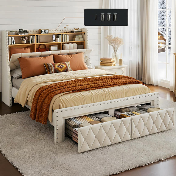 TATAGO 1000LBs Queen Bed Frame with 3-Tier Hidden Storage, Upholstered Headboard Bed Frame with 2 Drawers and Charging Station, No Box Spring Needed