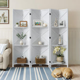 Modern Room Divider with Shelves, White X-Shape Design Folding Partition, 6-Panel Contemporary Freestanding Divider 67" H x 96" W White