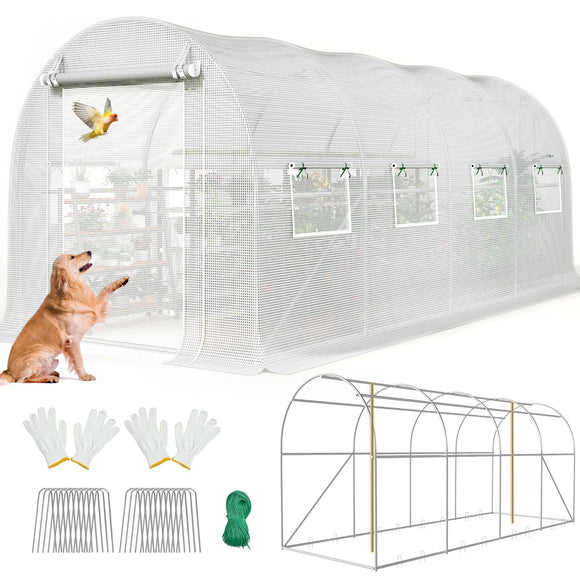 KING BIRD Premium 15x6.6x6.6FT Greenhouse for Outdoors, Large Walk-in Heavy Duty Galvanized Frame, Screen Mesh Door Window Reinforced Zipper Tunnel Hoop for Garden Plant Winter, White