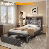 TATAGO 900LBs Twin Bed Frame with 3-Tier Hidden Storage, Upholstered Headboard Bed Frame with Drawer and Charging Station, No Box Spring Needed