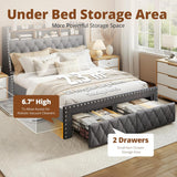 TATAGO 1000LBs Queen Bed Frame with 3-Tier Hidden Storage, Upholstered Headboard Bed Frame with 2 Drawers and Charging Station, No Box Spring Needed