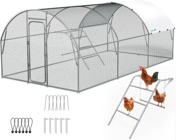 Quictent Large Metal Chicken Coop Run, 19x10FT Upgraded Outdoor Walk-in Cage Arch Hen Duck Rabbit Yard Farm House, with Reinforced Chicken Wire, Waterproof Roof Tarp, Swing Set & Roosting Ladder