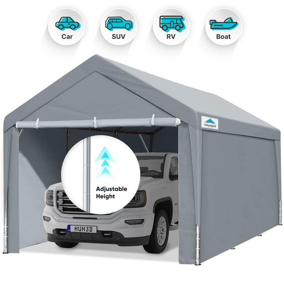 ADVANCE OUTDOOR 10x20 ft Adjustable Height Heavy Duty Carport with Removable Sidewalls and Doors, Silver Gray