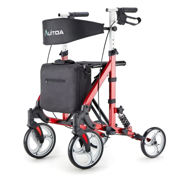 Auitoa Rollator Walker for Seniors with Large Wheels, Rolling Walker with Seat and Shock Absorber, Supports up to 350 lbs, Deluxe Rolling Mobility Aid for Indoor and Outdoor, Red