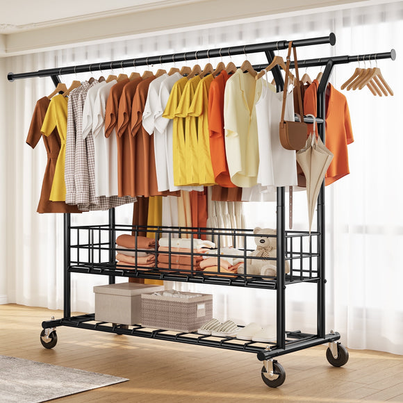 HOKEEPER 625lbs Heavy Duty Double Clothing Garment Rack with Shelves and Metal Basket Clothing Racks on Wheels Rolling Clothes Rack for Hanging Clothes Black