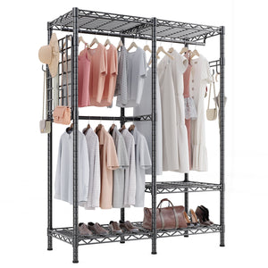 HOKEEPER 1100LBS Portable Closet Wardrobe Heavy Duty Clothes Rack, Freestanding Clothing Rack with 3 Hang Rods, 5 Shelves & Hooks , Adjustable Closet Garment Rack, 46" L x 17" W x 76" H Black