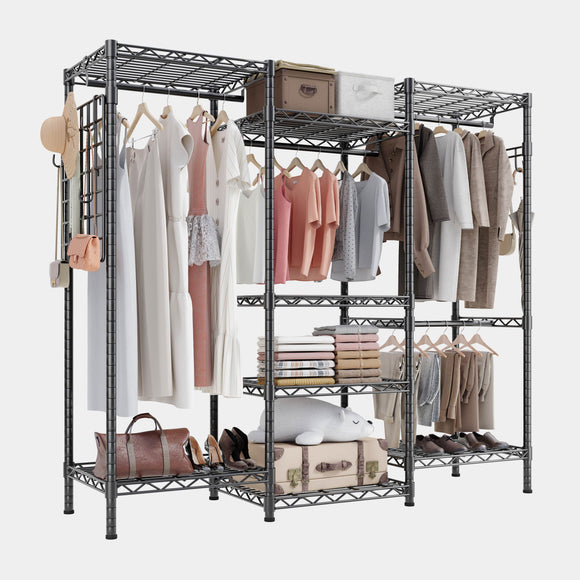 HOKEEPER 1600LBS Portable Closet Wardrobe Heavy Duty Clothes Rack, Freestanding Clothing Rack with 4 Hang Rods, 8 Shelves & Hooks , Adjustable Closet Garment Rack, 69