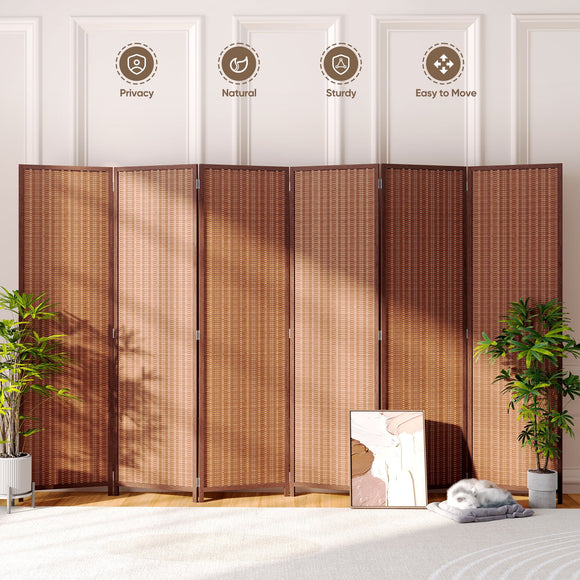 JOSTYLE 6-Panel Room Divider Folding Privacy Screen Room Divider Wall Divider for Room Separation with Natural Bamboo Red Brown