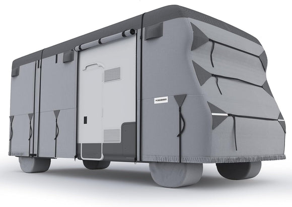 KING BIRD 29’-32' Oxford Fabric Class C RV Cover, 600D Oxford Camper Cover Tearproof Waterproof Windproof Travel Trailer Cover with 2Pcs Extra Straps, 6 Gutter Covers & 4 Tire Covers