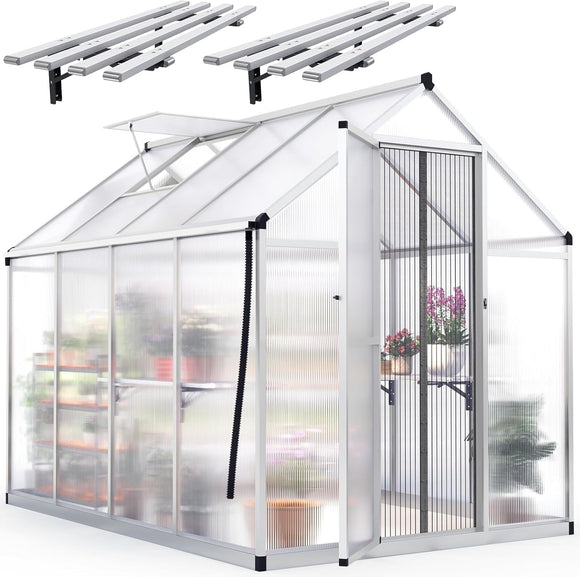 KING BIRD 8x6FT Large Walk-in Greenhouse for Outdoors, Magnetic Screen Door & Shelves, Silver