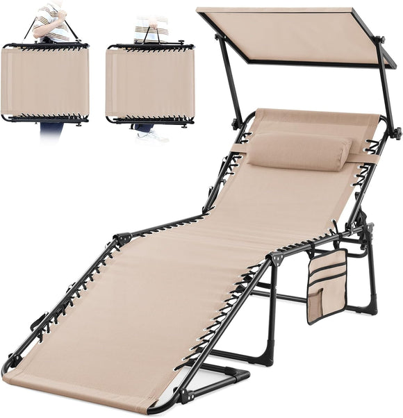 KING BIRD Chaise Lounge Beach Chair w/Canopy Sun Shade, Heavy Duty 5-positon Adjustable Folding Tanning Recliner for Outdoor Pool, Oversized-Beige