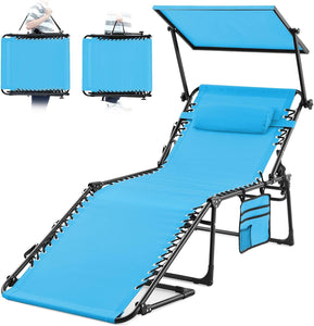 KING BIRD Chaise Lounge Beach Chair w/Canopy Sun Shade, Heavy Duty 5-positon Adjustable Folding Tanning Recliner for Outdoor Pool, Oversized-Blue