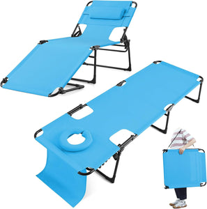 KING BIRD Chaise Lounge Beach Chair w/Hole for Face & Arm, Heavy Duty 5-positon Adjustable Folding Tanning Recliner for Outdoor Pool, Standard-Blue