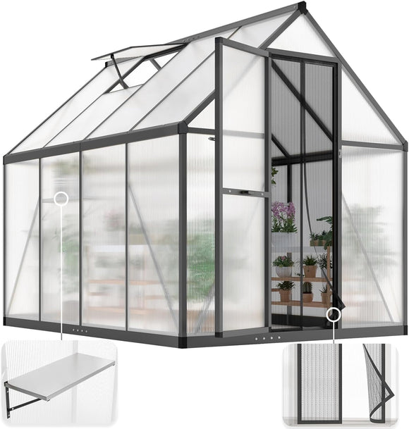 KING BIRD Greenhouse for Outdoors, 7.4x6 FT Polycarbonate Walk-in Green House, Quick-Setup Aluminum Frame UV Resistant Panel for Outside Garden Backyard W/ Lockable Screen Door, Vent, Shelves, Black