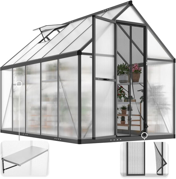 KING BIRD Greenhouse for Outdoors, 9.2x6 FT Polycarbonate Walk-in Green House, Quick-Setup Aluminum Frame UV Resistant Panel for Outside Garden Backyard W/ Lockable Screen Door, Vent, Shelves, Black