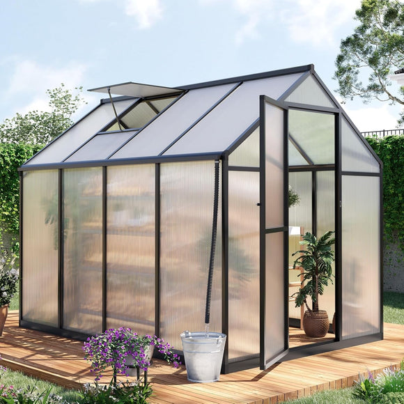 KING BIRD Premium 8x6FT Polycarbonate Greenhouse for Outdoors, Kuick-Setup Large Walk-in Hot Green House for Outside, Grey