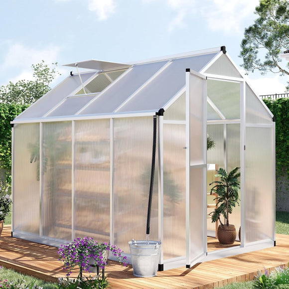 KING BIRD Premium 8x6FT Polycarbonate Greenhouse for Outdoors, Kuick-Setup Large Walk-in Hot Green House for Outside, Silver