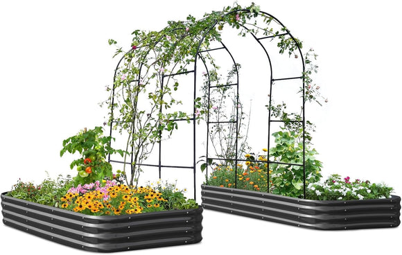 KING BIRD Raised Garden Bed with Arched Trellis Galvanized Planter Garden Box Outdoor for Gardening, Climbing Vegetables, Flowers 7.87x3.94x0.98 Ft 2PCS, Dark Grey