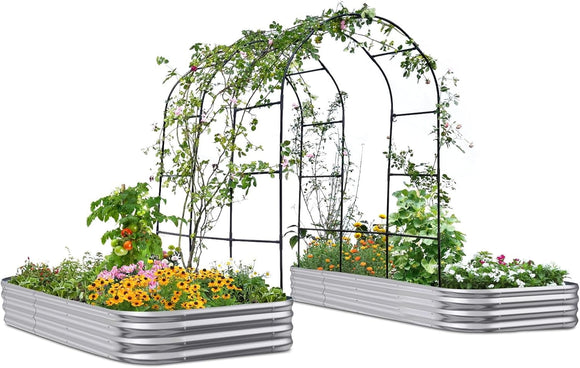 KING BIRD Raised Garden Bed with Arched Trellis Galvanized Planter Garden Box Outdoor for Gardening, Climbing Vegetables, Flowers 7.87x3.94x0.98 Ft 2PCS, Silver