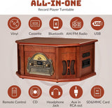 ORCC 10-in-1 Record Player, Nostalgic Turntable for Vinyl Record with Bluetooth, 2 Built-in Speakers, CD, Cassette,Mahogany