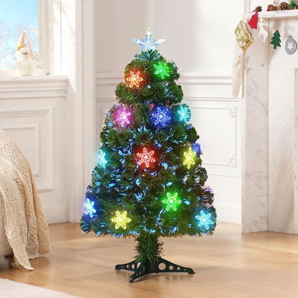 OasisCraft 3 FT Pre-Lit Optical Artificial Christmas Tree Fiber Xmas Trees with Multicolor LED Lights, Snowflakes & Top Star, Lighted Christmas Tree Holiday Home Decor