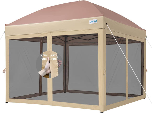 Quictent 10'x10' Pop up Canopy Tent with Netting, One Person Instant Setup Screen House Room Tent Screened- 4 Magnetic Doors, Waterproof (Khaki & Brown)