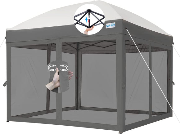 Quictent 10'x10' Pop up Canopy Tent with Netting, One Person Instant Setup Screen House Room Tent Screened- 4 Magnetic Doors Waterproof (Gray)