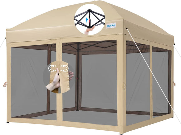 Quictent 10'x10' Pop up Canopy Tent with Netting, One Person Instant Setup Screen House Room Tent Screened- 4 Magnetic Doors Waterproof (Khaki)