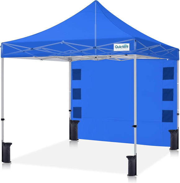 Quictent 10'x10' Portable Pop up Canopy Tent, Easy up Commercial Gazebo Canopies for Sun & Rain Protection, Includes Sand Bags for Outdoor Events, Parties, Markets, Vendors (Blue, 1 Sidewall)
