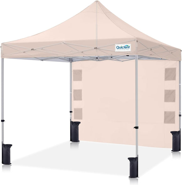 Quictent 10'x10' Portable Pop up Canopy Tent, Easy up Commercial Gazebo Canopies for Sun & Rain Protection, Includes Sand Bags for Outdoor Events, Parties, Markets, Vendors (Beige, 1 Sidewall)