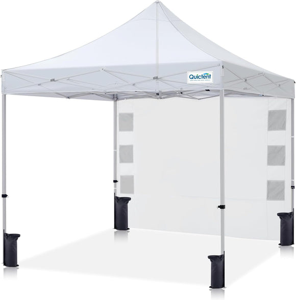 Quictent 10'x10' Portable Pop up Canopy Tent, Easy up Commercial Gazebo Canopies for Sun & Rain Protection, Includes Sand Bags for Outdoor Events, Parties, Markets, Vendors (White, 1 Sidewall)