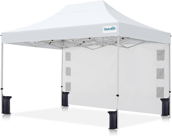 Quictent 10'x15' Portable Pop up Canopy Tent, Easy up Commercial Gazebo Canopies for Sun & Rain Protection, Includes Sand Bags for Outdoor Events, Parties, Markets, Vendors (White, 1 Sidewall)