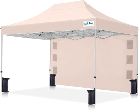 Quictent 10'x15' Portable Pop up Canopy Tent, Easy up Commercial Gazebo Canopies for Sun & Rain Protection, Includes Sand Bags for Outdoor Events, Parties, Markets, Vendors (Beige, 1 Sidewall)