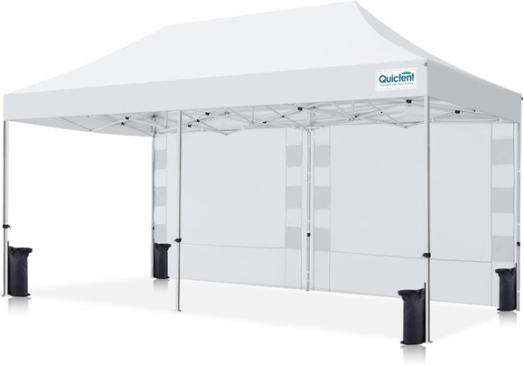 Quictent 10'x20' Portable Pop up Canopy Tent, Easy up Commercial Gazebo Canopies for Sun & Rain Protection, Includes Sand Bags for Outdoor Events, Parties, Markets, Vendors (White, 1 Sidewall)